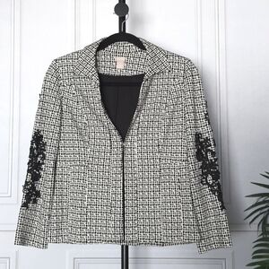 Chico's Blazer Jacket Black White Floral Business Casual Womens Sz 1 (8/10)